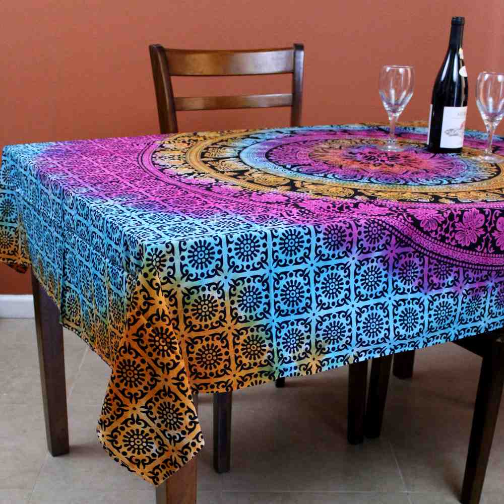 Cotton Elephant Floral Paisley Tablecloth Rectangular Blue Pink Orange Black White - Sweet Us