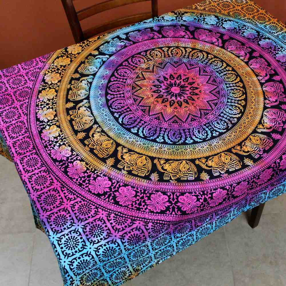 Cotton Elephant Floral Paisley Tablecloth Rectangular Blue Pink Orange Black White - Sweet Us