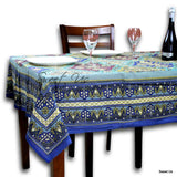 Cotton Floral Geometric Tablecloth for Rectangle Tables Blue Gold Dining Linen