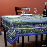Cotton Floral Geometric Tablecloth for Rectangle Tables Blue Gold Dining Linen