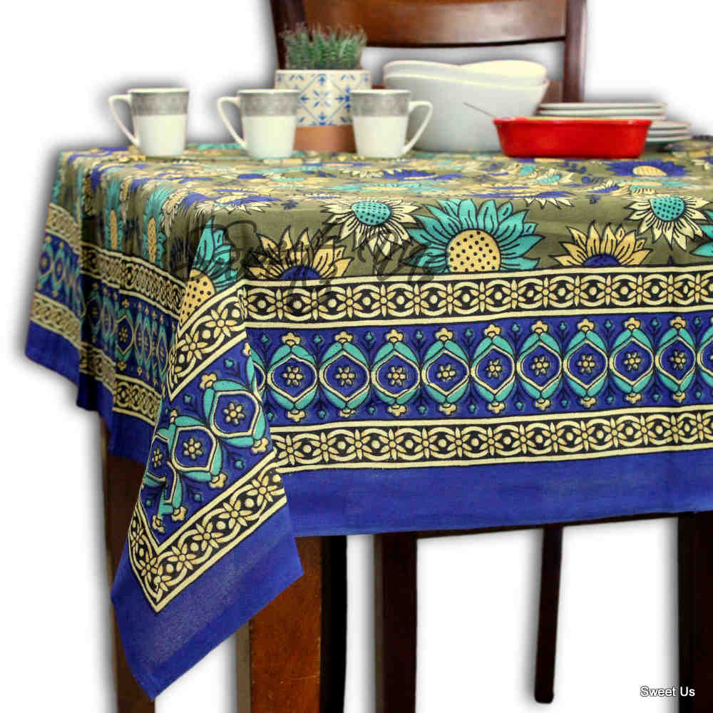 Cotton Sunflower Floral Tablecloth Rectangle Blue Olive Kitchen Dining Linen