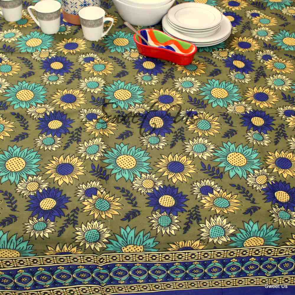 Cotton Sunflower Floral Tablecloth Rectangle Blue Olive Kitchen Dining Linen