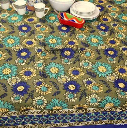 Cotton Sunflower Floral Tablecloth Rectangle Blue Olive Kitchen Dining Linen - Sweet Us