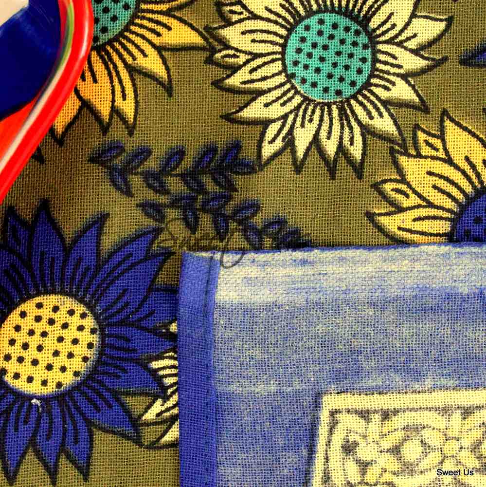 Cotton Sunflower Floral Tablecloth Rectangle Blue Olive Kitchen Dining Linen