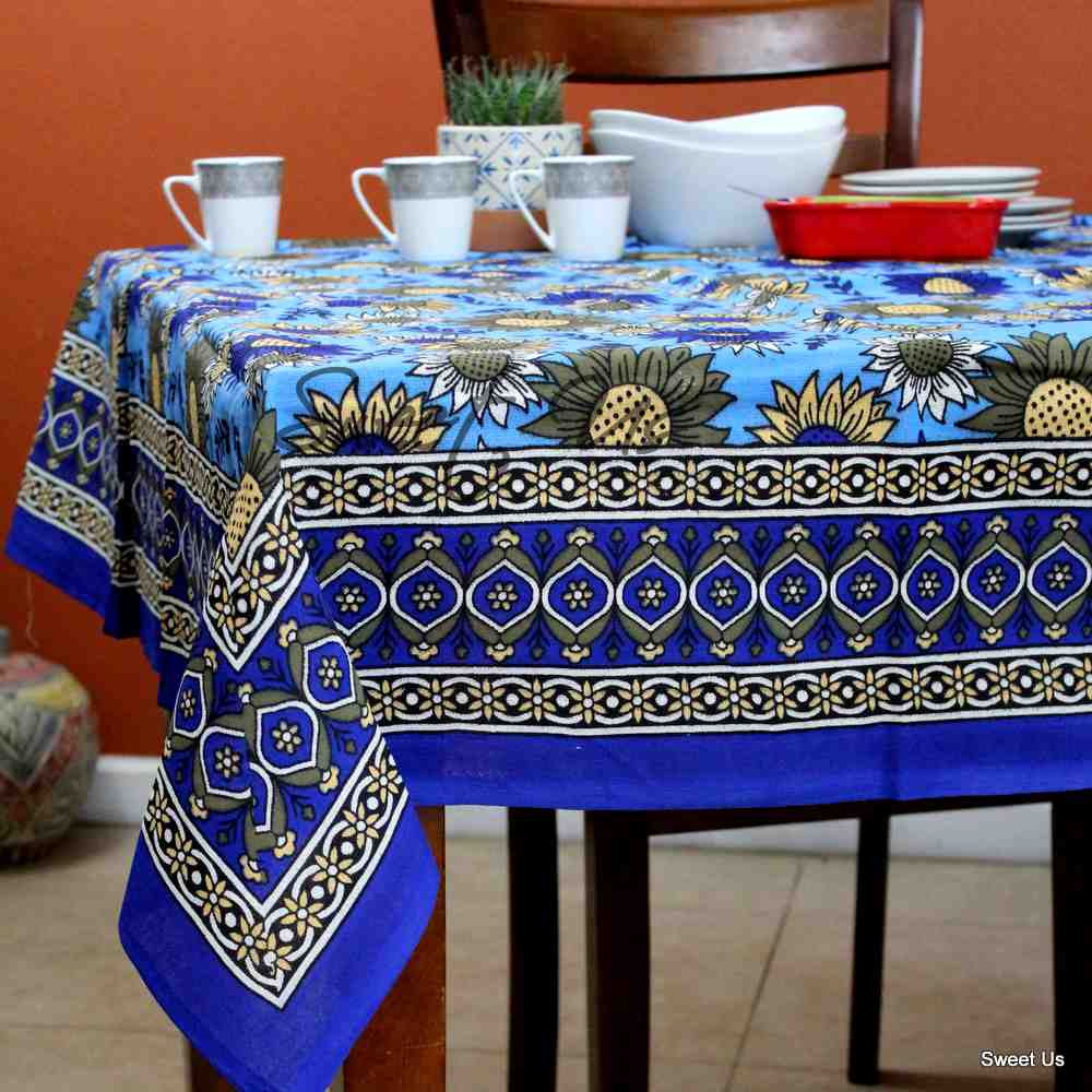 Cotton Sunflower Floral Tablecloth Rectangle Blue Olive Kitchen Dining Linen