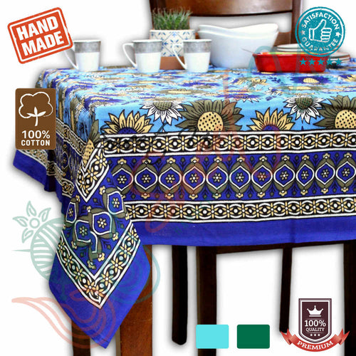 Cotton Sunflower Floral Tablecloth Rectangle Blue Olive Kitchen Dining Linen - Sweet Us