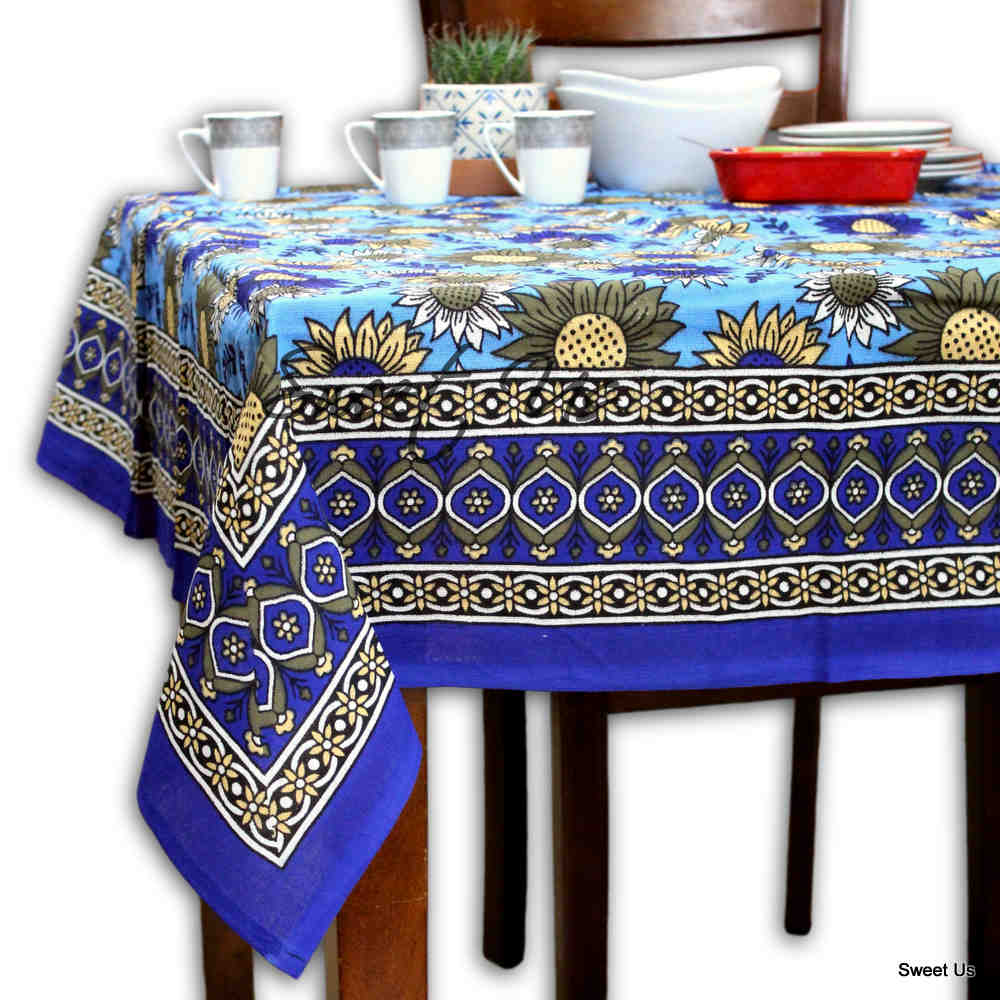 Cotton Sunflower Floral Tablecloth Rectangle Blue Olive Kitchen Dining Linen