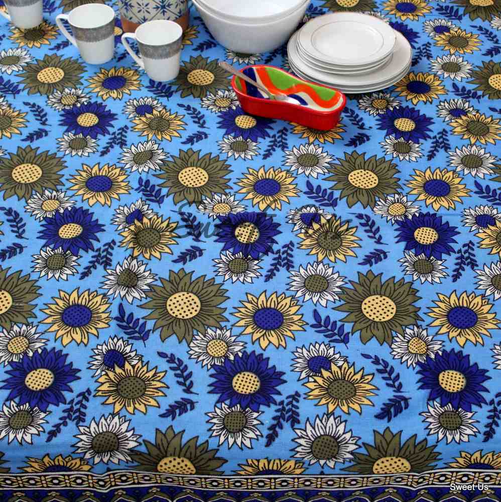 Cotton Sunflower Floral Tablecloth Rectangle Blue Olive Kitchen Dining Linen