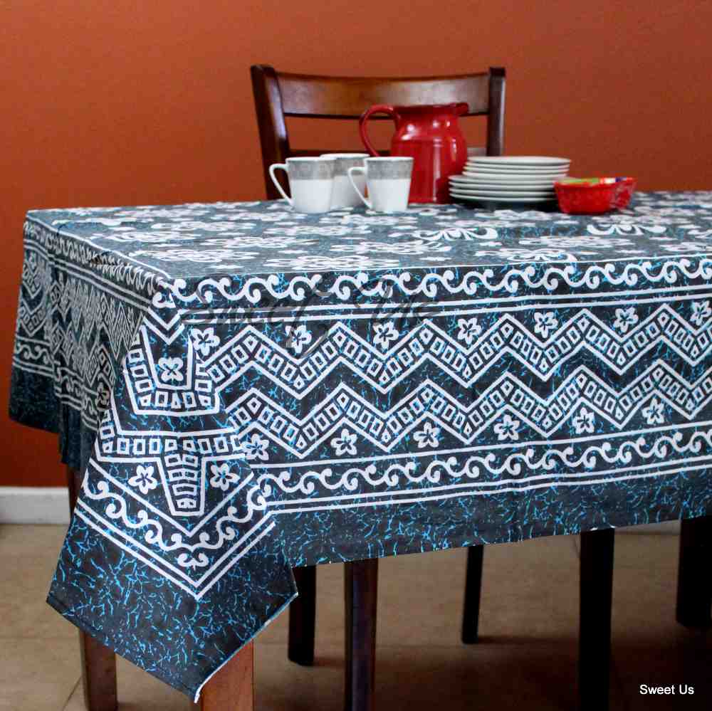 Cotton Floral Tablecloth Rectangle 70x104 Blue Rust Black Kitchen Dining Linen
