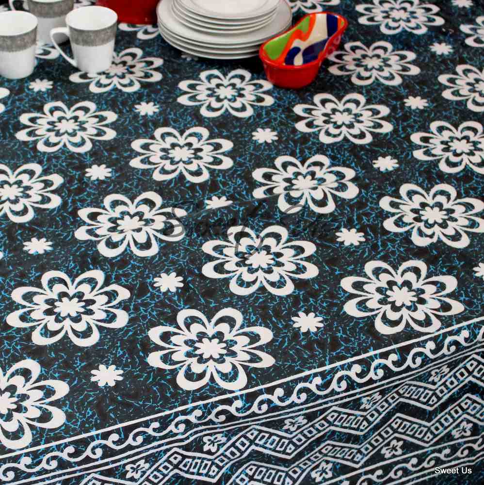 Cotton Floral Tablecloth Rectangle 70x104 Blue Rust Black Kitchen Dining Linen