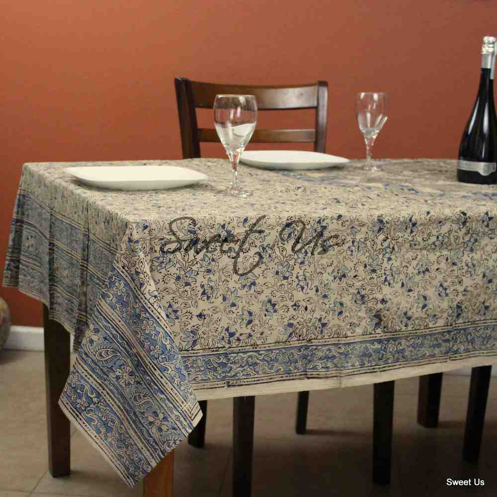 Block Print Floral Paisley Elephant Tablecloth Rectangle 70x102 Beige Blue