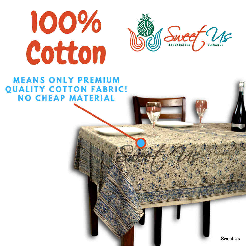 Block Print Floral Paisley Elephant Tablecloth Rectangle 70x102 Beige Blue