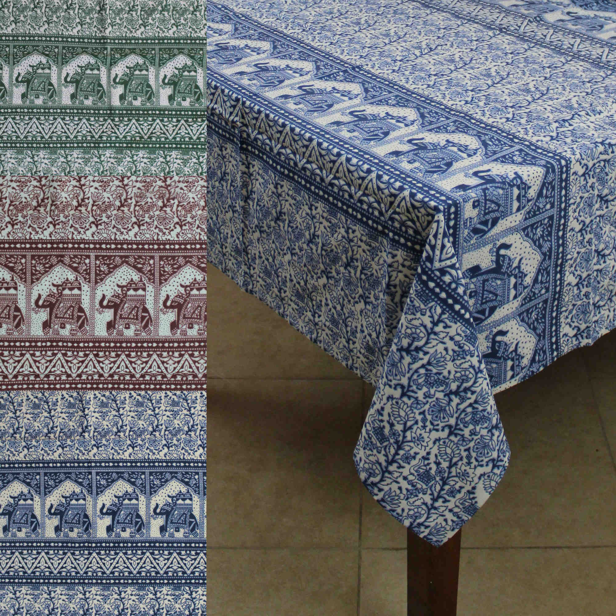 Handmade Floral Elephant Print Cotton Rectangular Tablecloth 60 x 90 inches Blue Green Burgundy Kitchen Table Linen - Sweet Us