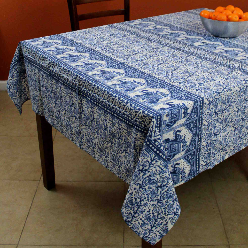 Handmade Floral Elephant Print Cotton Rectangular Tablecloth 60 x 90 inches Blue Green Burgundy Kitchen Table Linen - Sweet Us