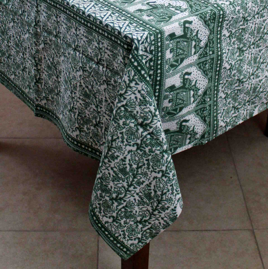 Handmade Floral Elephant Print Cotton Rectangular Tablecloth 60 x 90 inches Blue Green Burgundy Kitchen Table Linen - Sweet Us