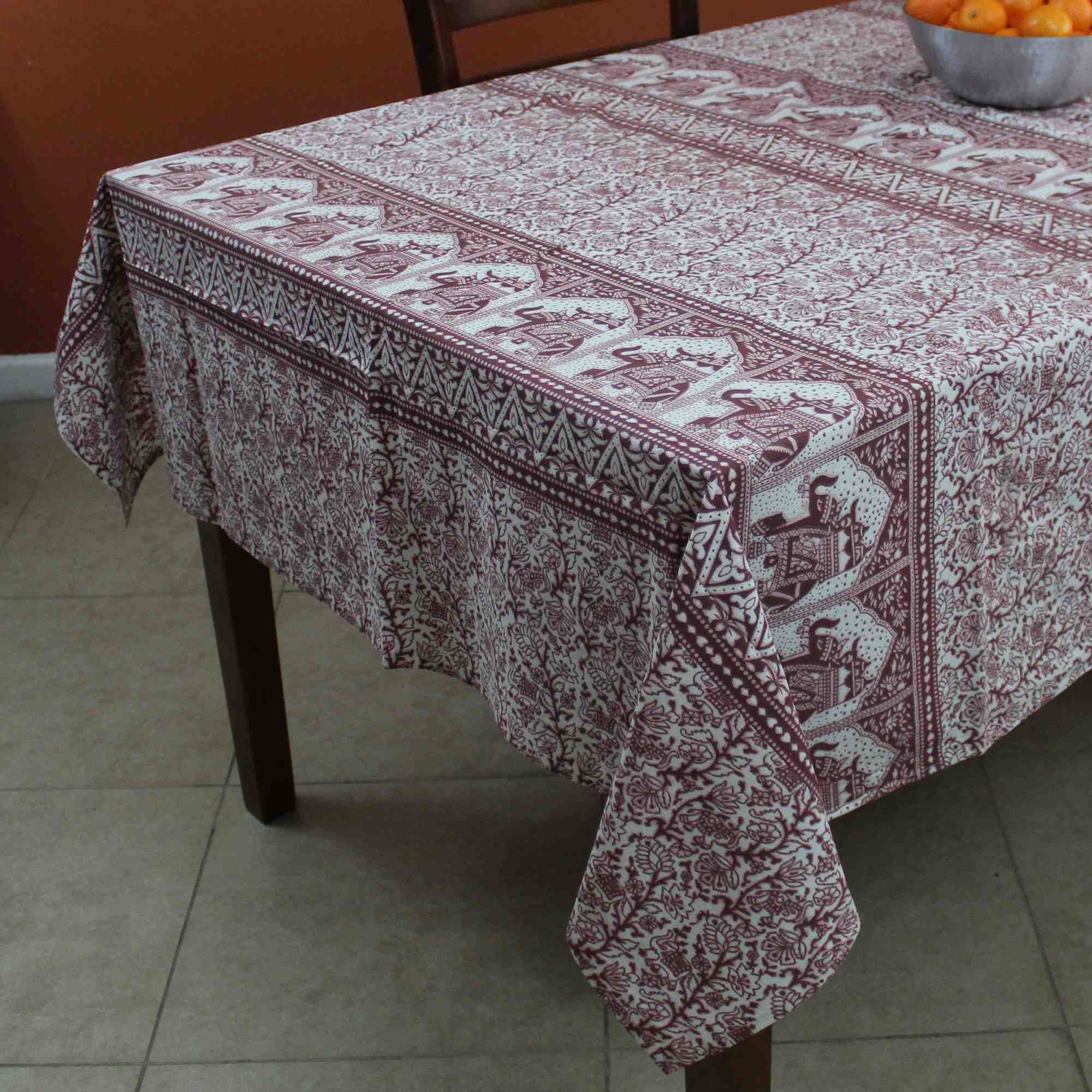 Handmade Floral Elephant Print Cotton Rectangular Tablecloth 60 x 90 inches Blue Green Burgundy Kitchen Table Linen - Sweet Us