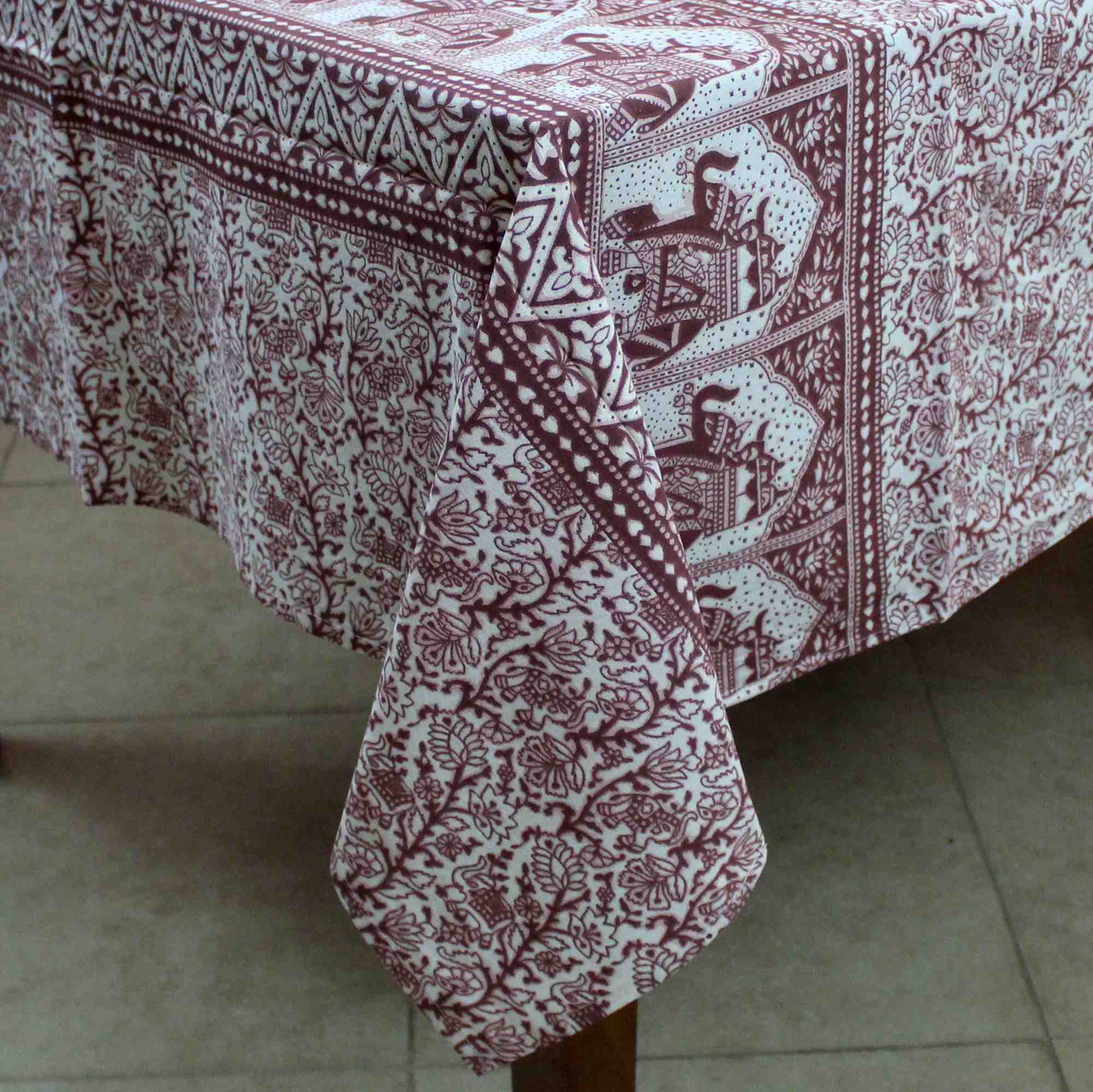 Handmade Floral Elephant Print Cotton Rectangular Tablecloth 60 x 90 inches Blue Green Burgundy Kitchen Table Linen - Sweet Us