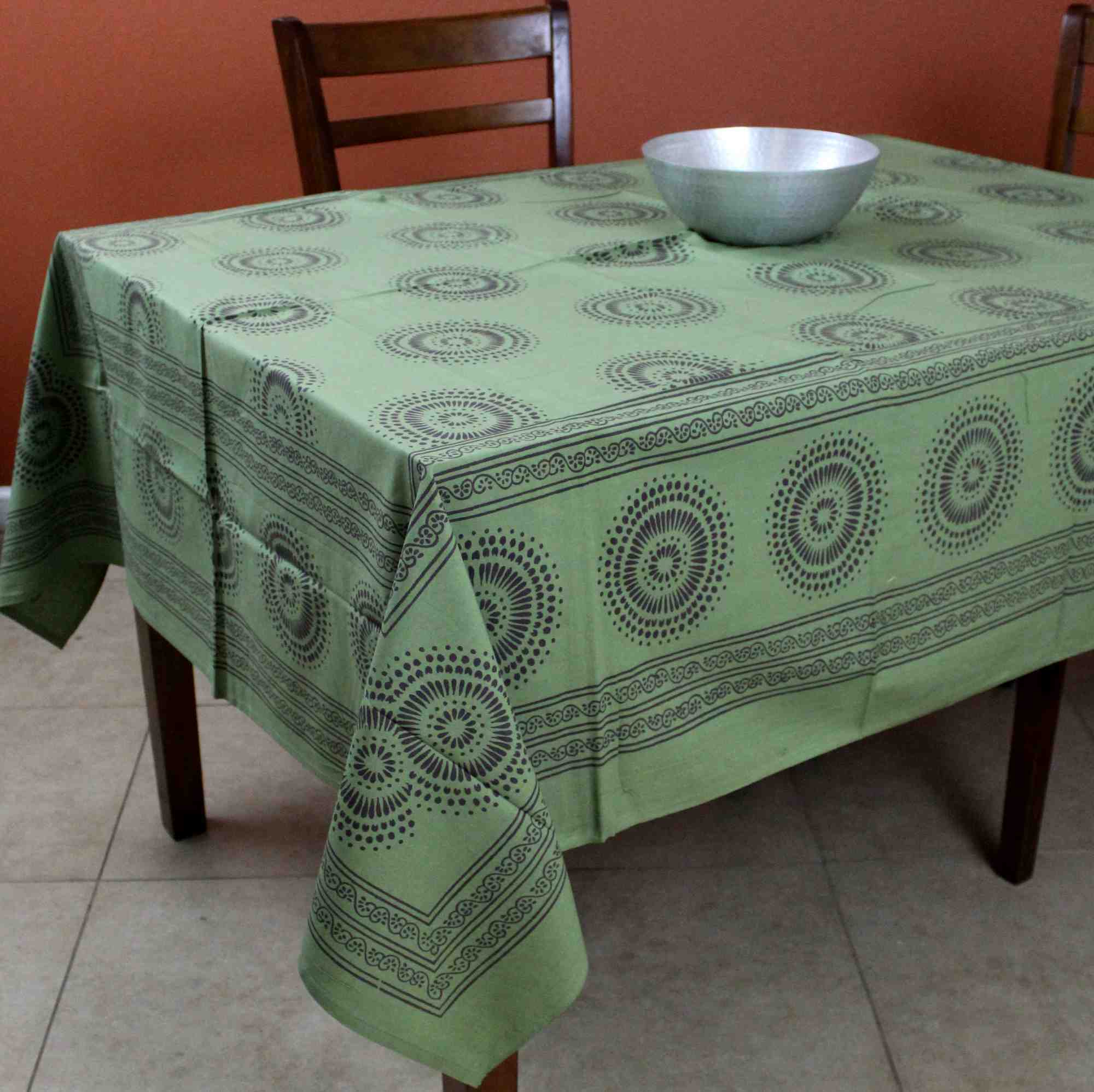 Cotton Floral Geometric Circle Print Tablecloth Rectangle 60x90 Green Off White - Sweet Us