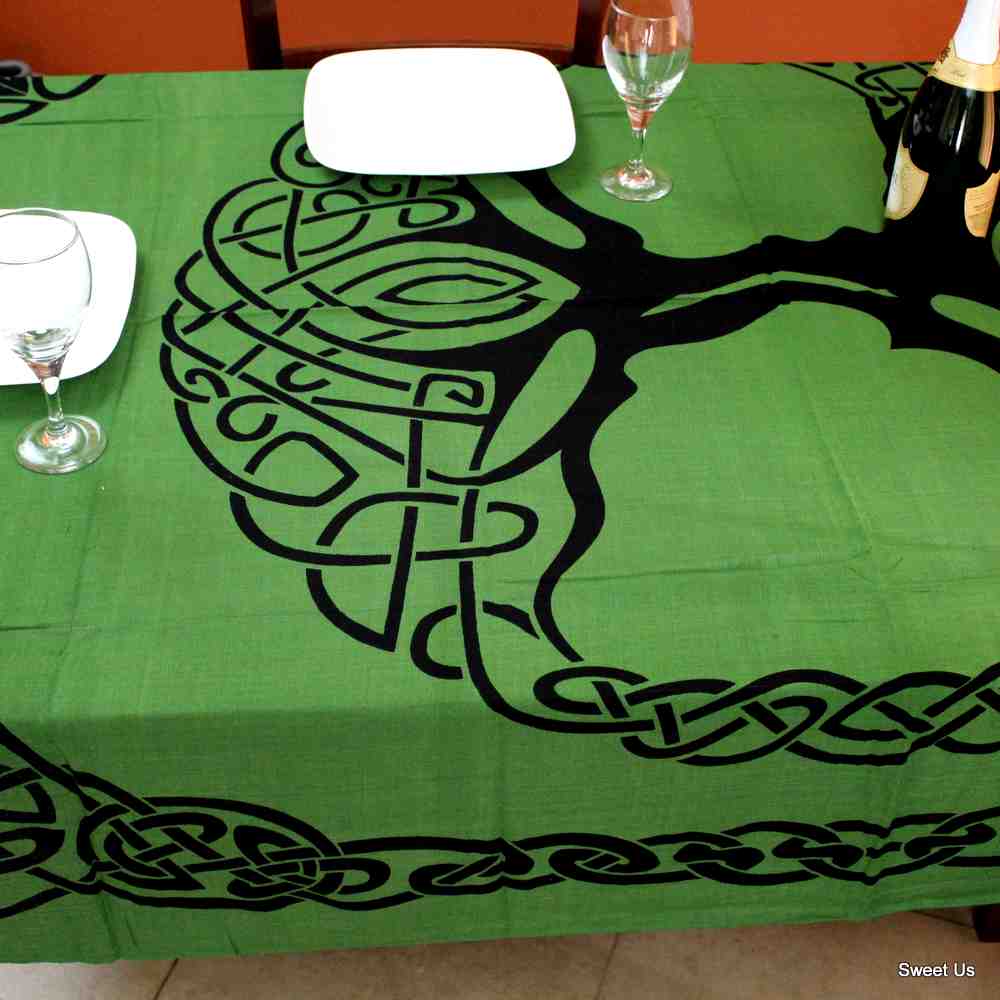 Cotton Tree of Life Floral Tablecloth Rectangle Beige Green