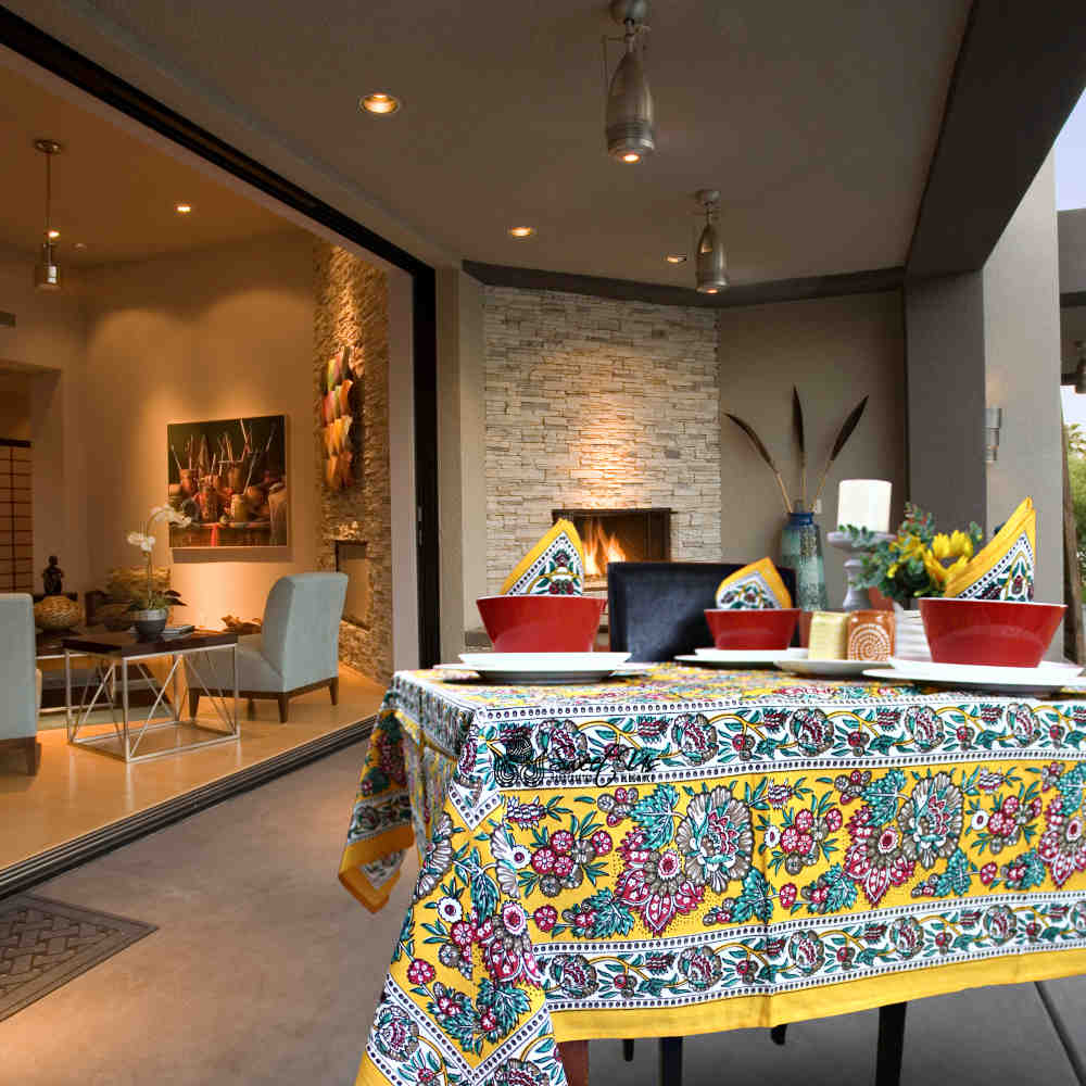 Floraison de Luxe Cotton French Country Floral Tablecloth, Golden Garden