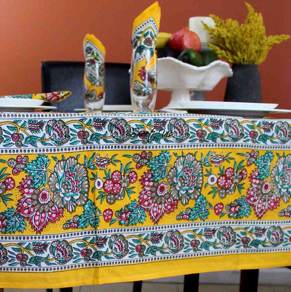 Floraison de Luxe Cotton French Country Floral Tablecloth, Golden Garden