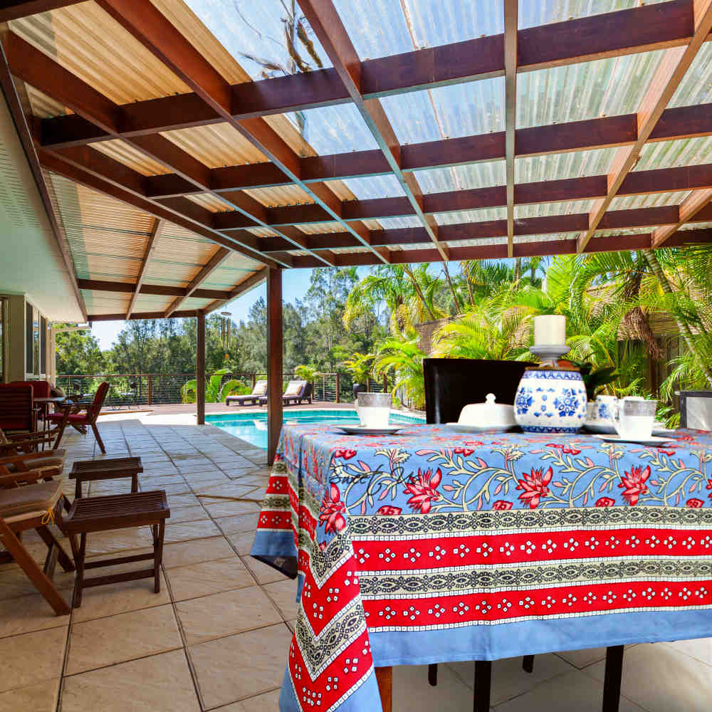 Fleurine Floral Cotton Tablecloth Rectangle, Glowing Red, Pink, Soft Blue