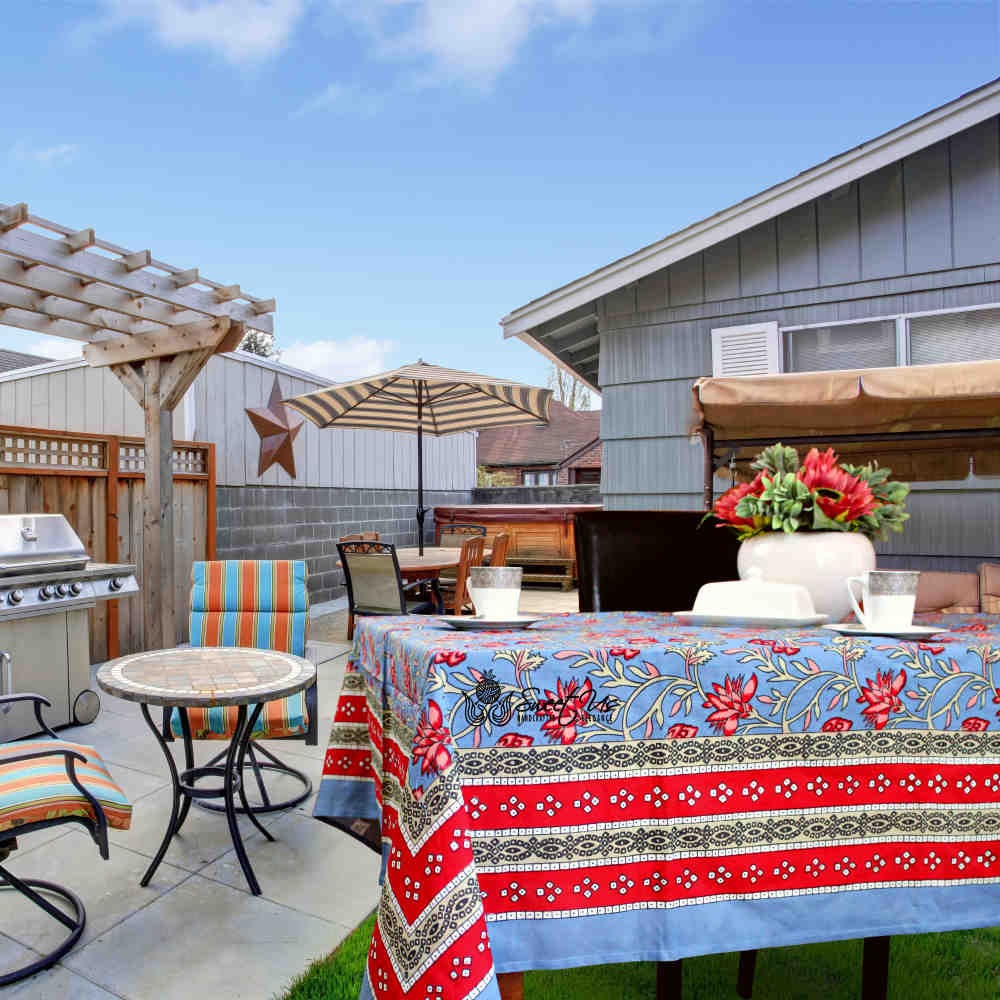 Fleurine Floral Cotton Tablecloth Rectangle, Glowing Red, Pink, Soft Blue