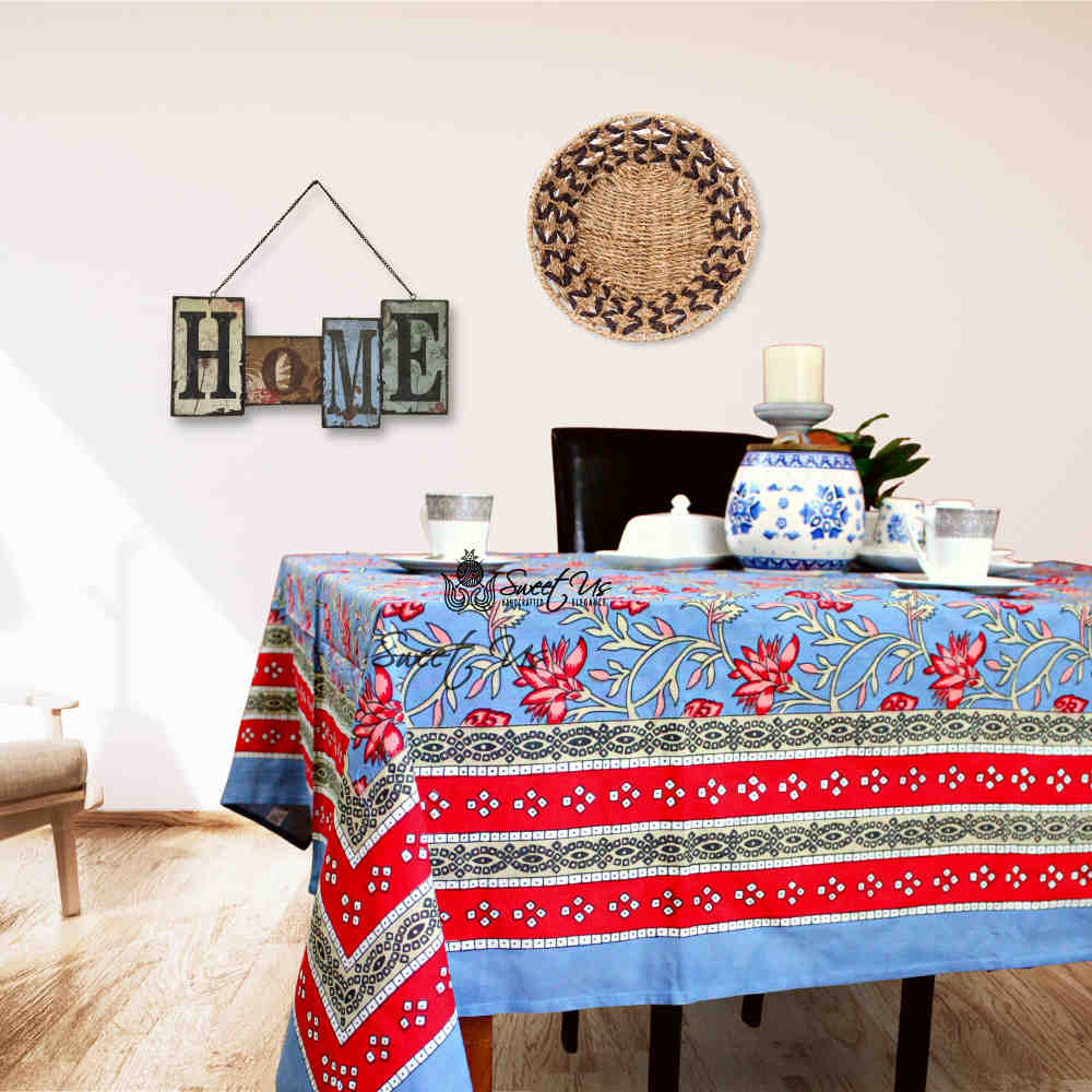 Fleurine Floral Cotton Tablecloth Rectangle, Glowing Red, Pink, Soft Blue