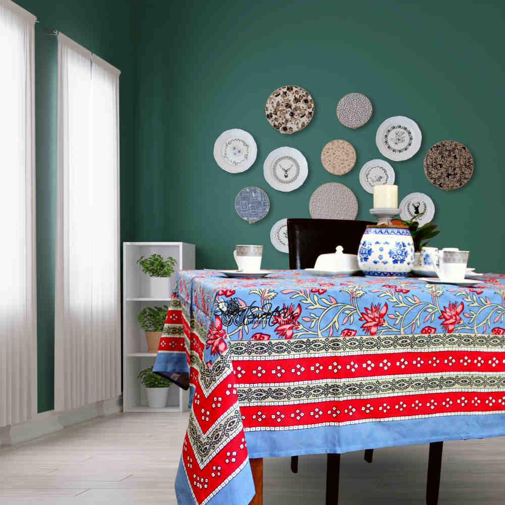 Fleurine Floral Cotton Tablecloth Rectangle, Glowing Red, Pink, Soft Blue