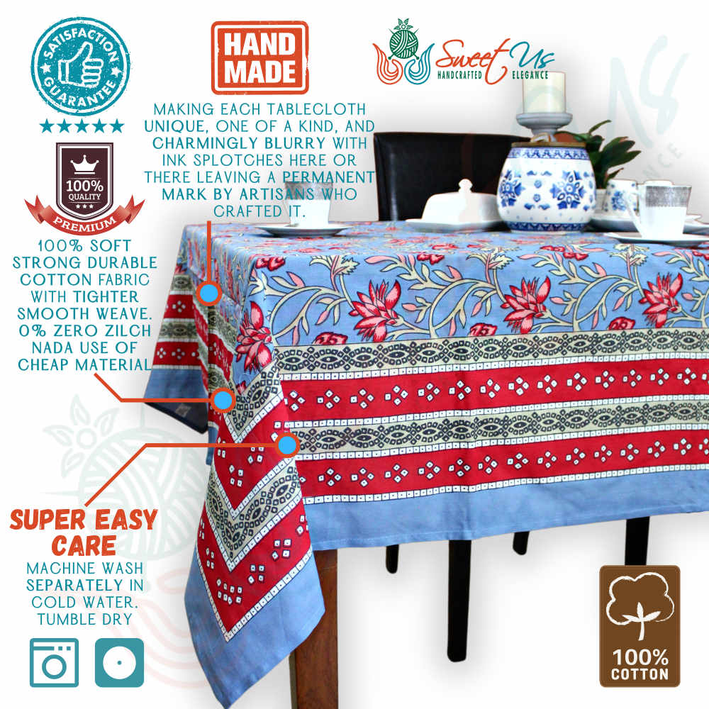 Fleurine Floral Cotton Tablecloth Rectangle, Glowing Red, Pink, Soft Blue