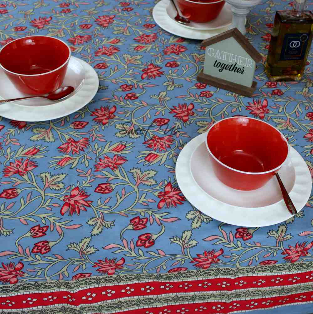 Fleurine Floral Cotton Tablecloth Rectangle, Glowing Red, Pink, Soft Blue