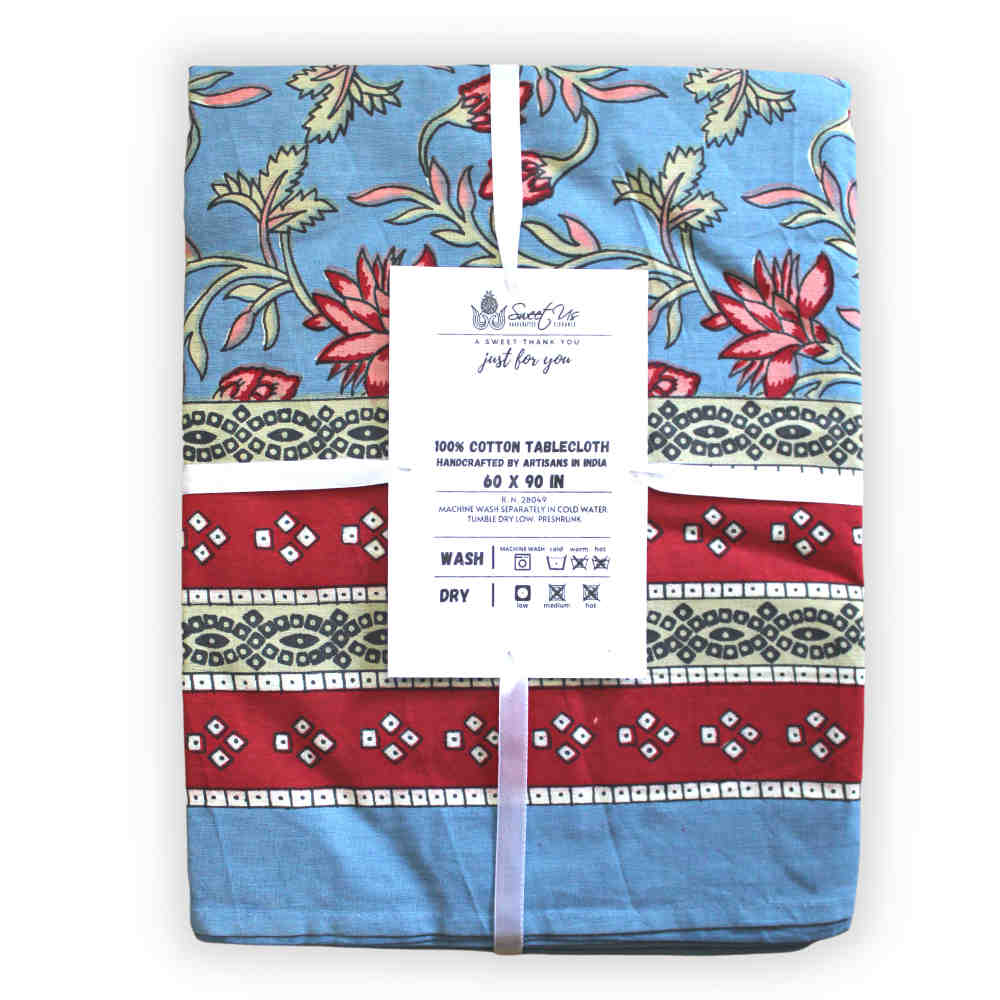 Fleurine Floral Cotton Tablecloth Rectangle, Glowing Red, Pink, Soft Blue