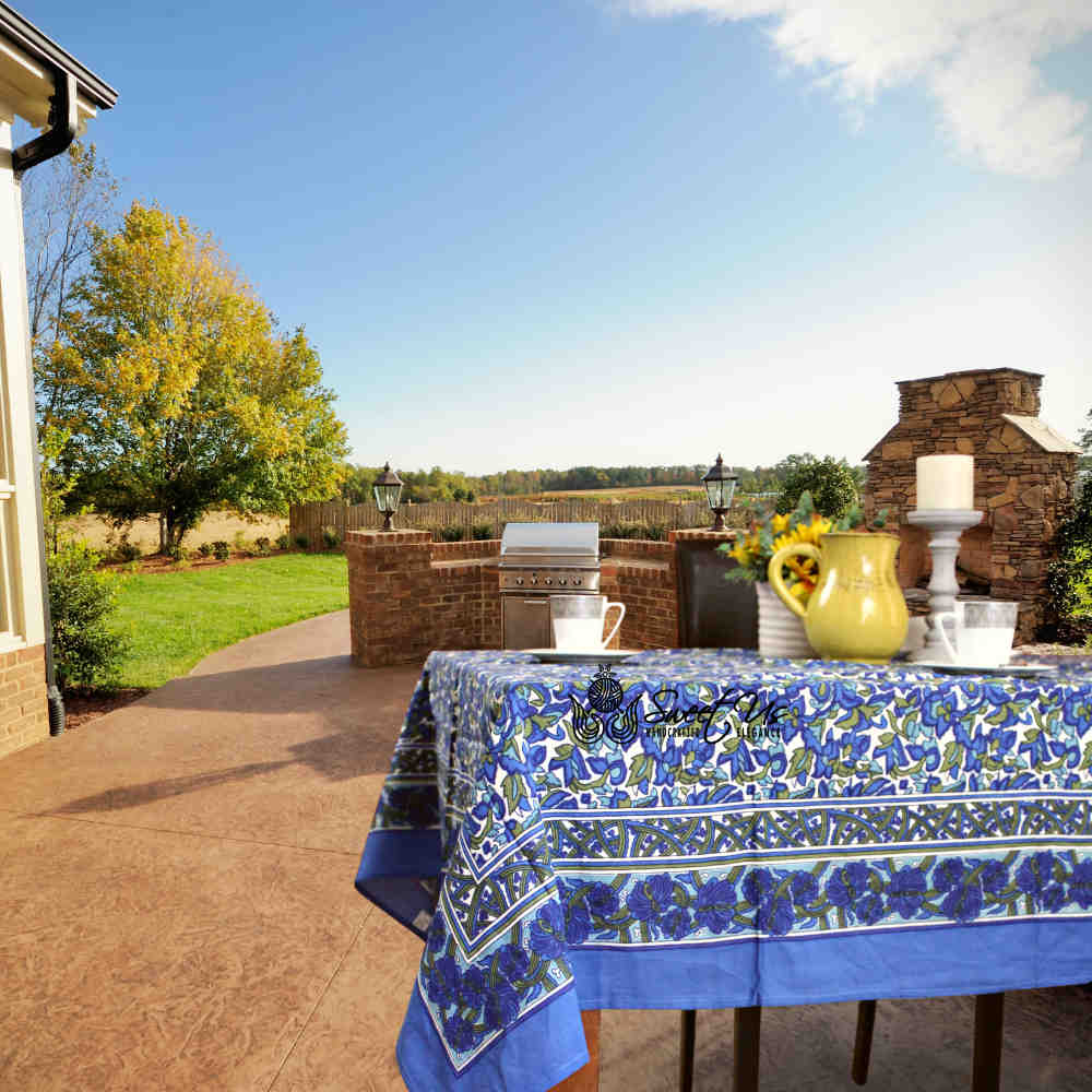 Bianca Floral Cotton Tablecloth Rectangle, Deep Blue, Olive Green