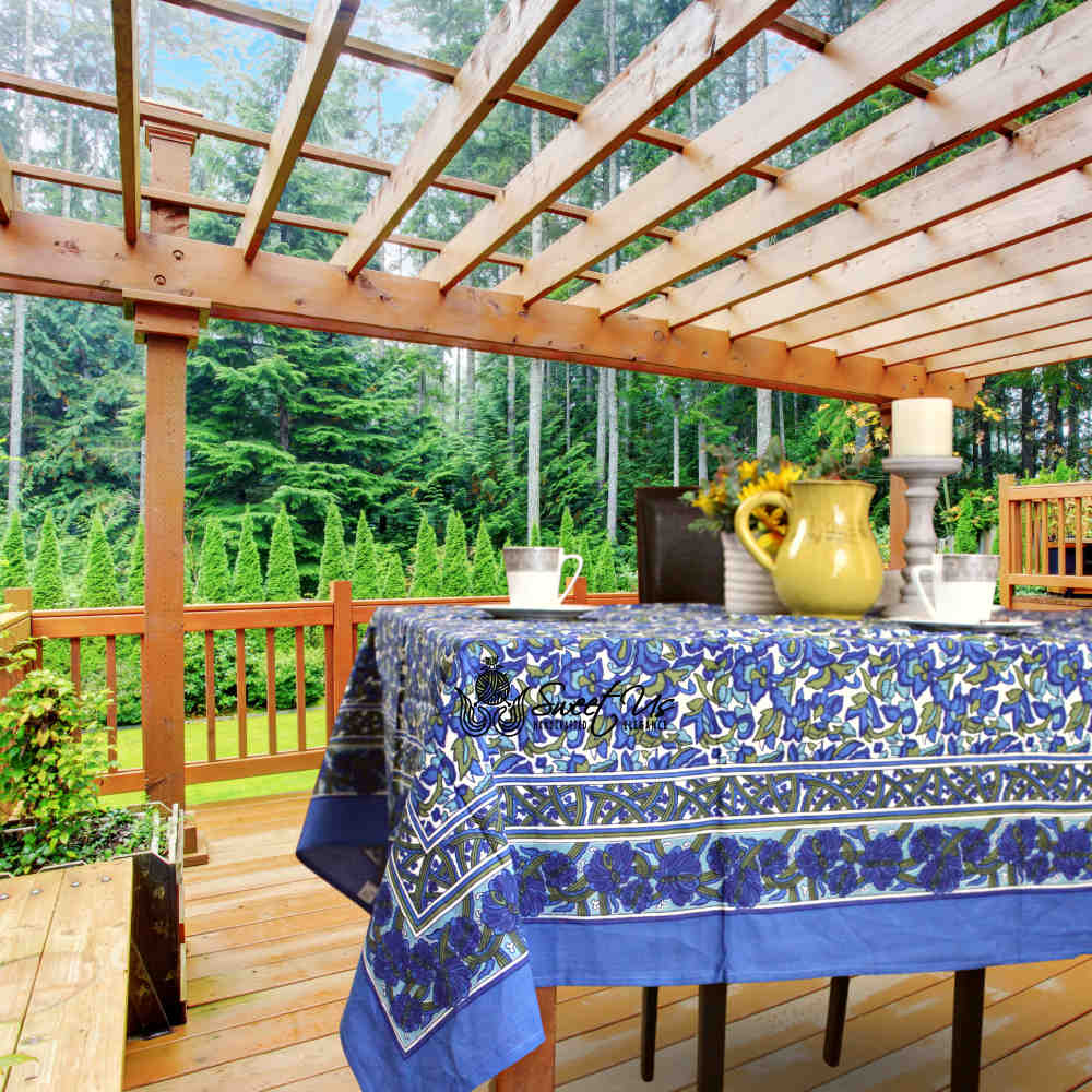 Bianca Floral Cotton Tablecloth Rectangle, Deep Blue, Olive Green