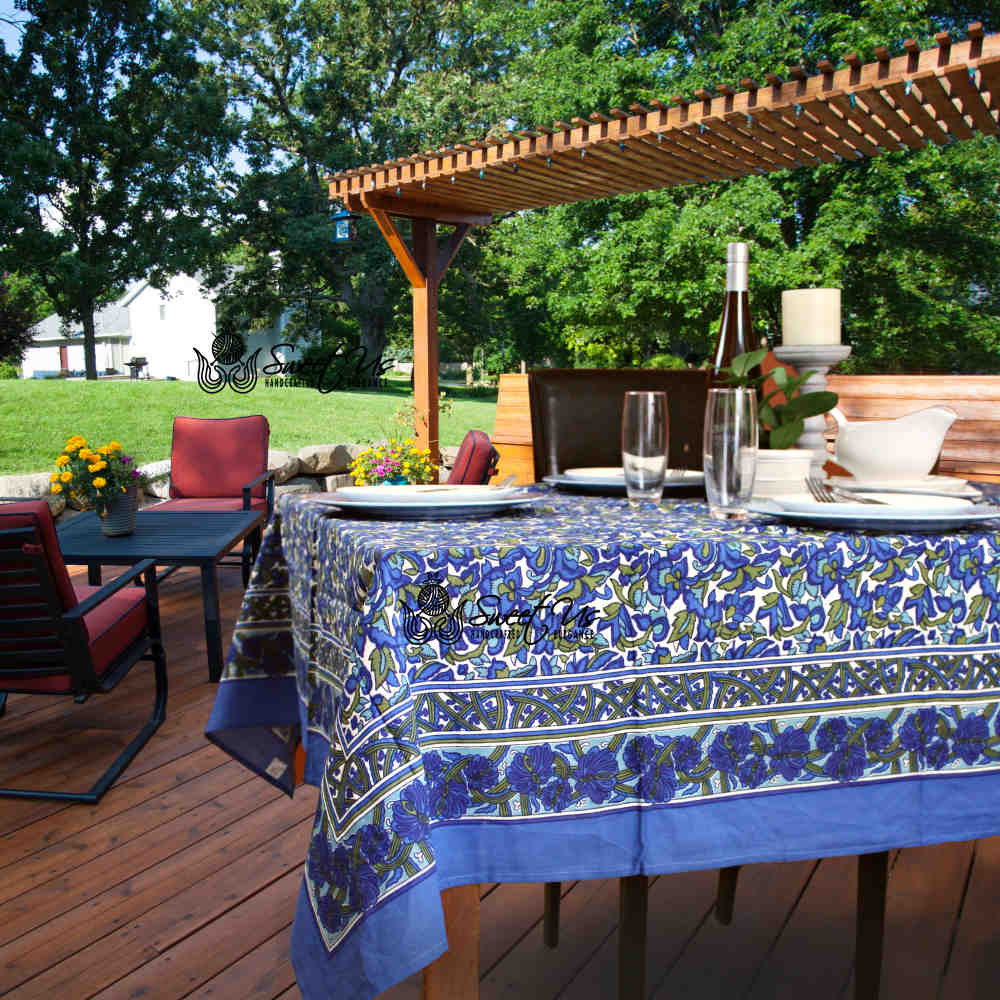 Bianca Floral Cotton Tablecloth Rectangle, Deep Blue, Olive Green