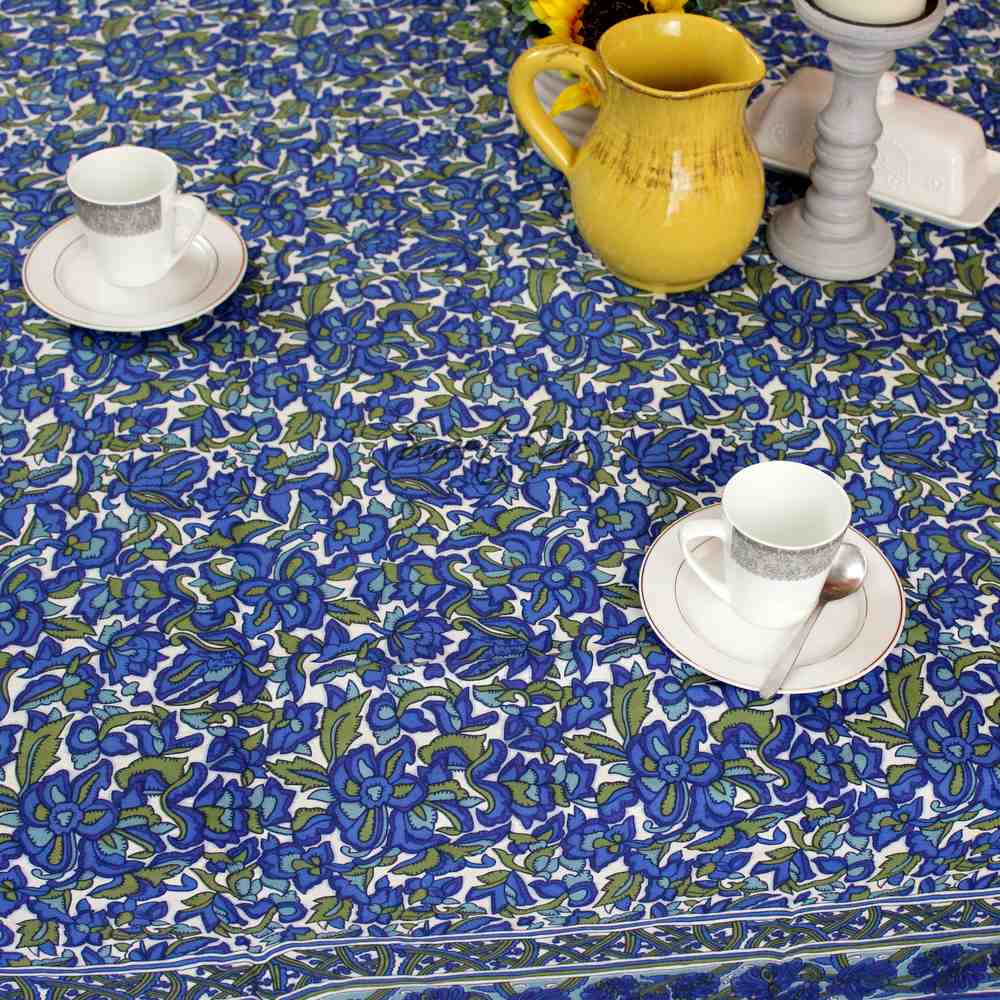 Bianca Floral Cotton Tablecloth Rectangle, Deep Blue, Olive Green