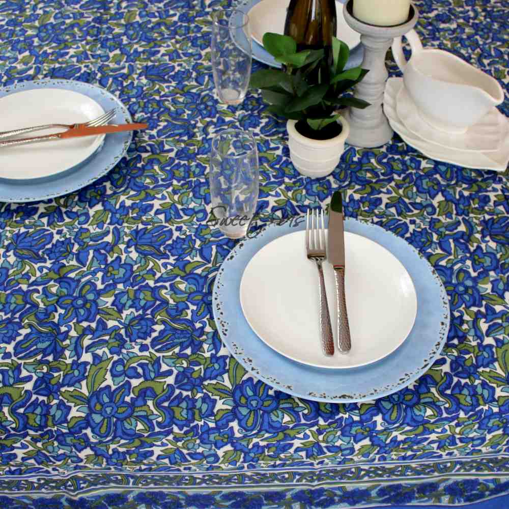 Bianca Floral Cotton Tablecloth Rectangle, Deep Blue, Olive Green