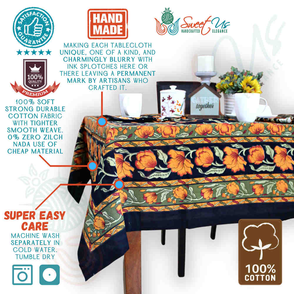 Affluent Floral French Country Cotton Tablecloth Rectangle, Square, Amber Black