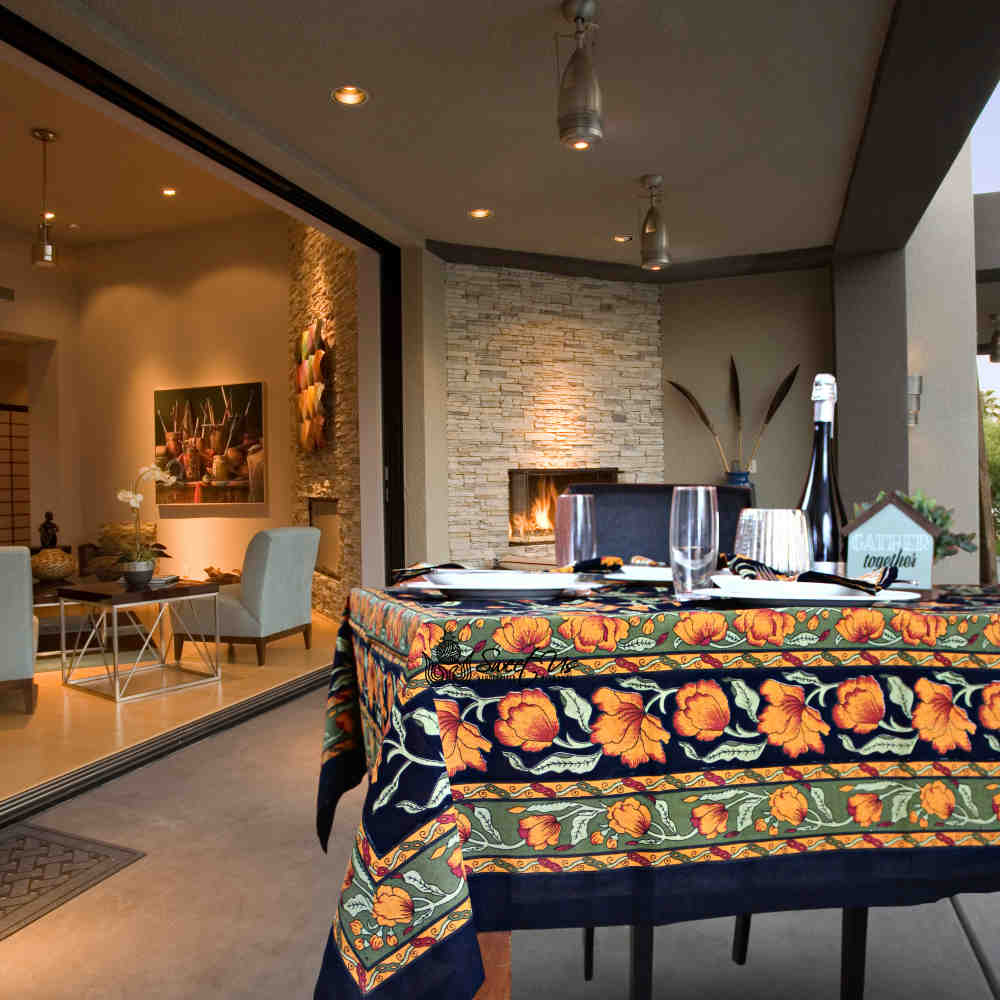 Affluent Floral French Country Cotton Tablecloth Rectangle, Square, Amber Black