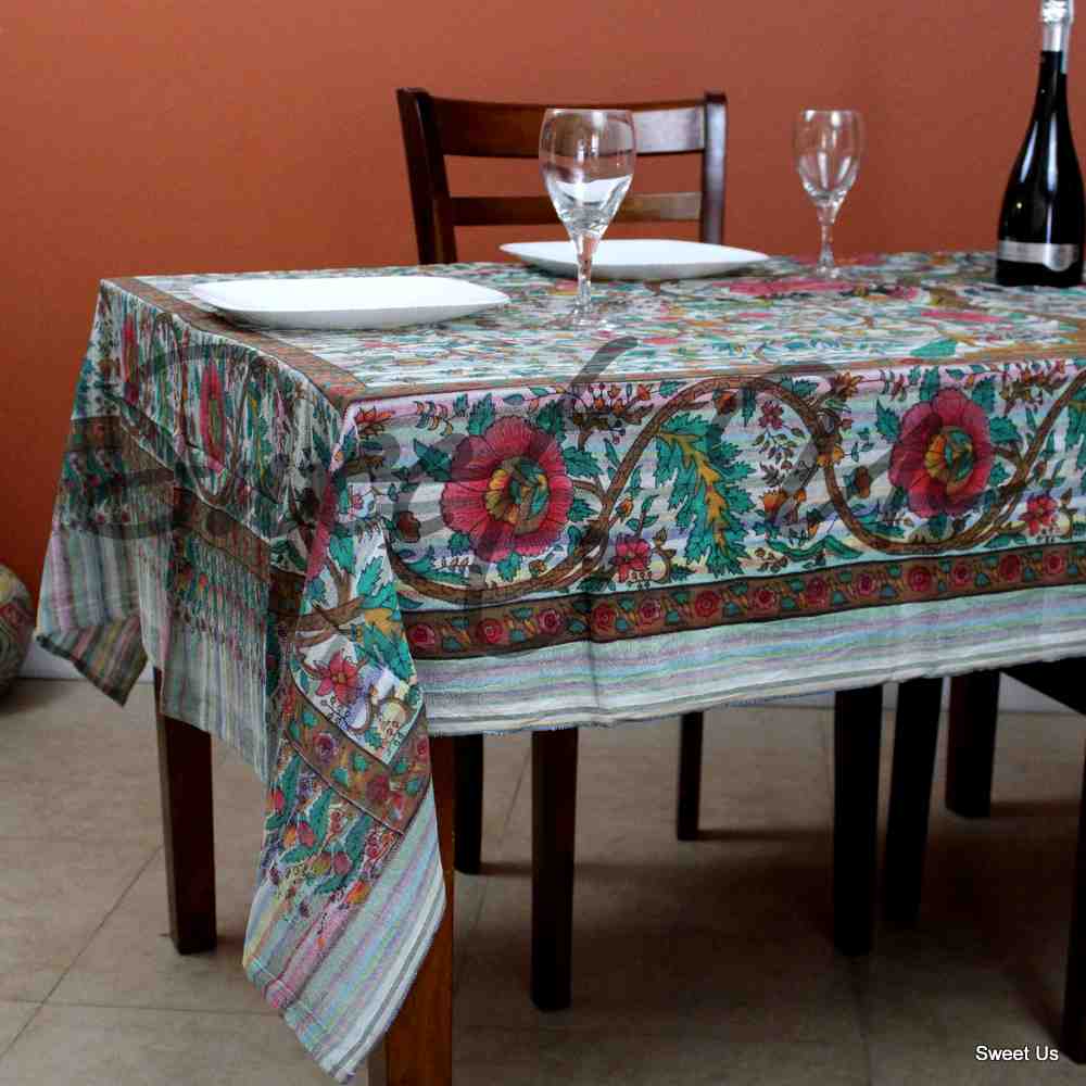 Lightweight Cotton Tree of Life Tablecloth Rectangle 60x90 Red Pink Green Beige