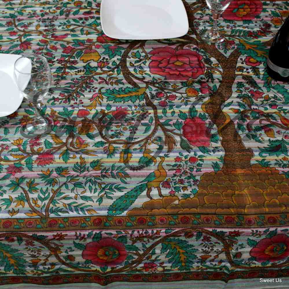 Lightweight Cotton Tree of Life Tablecloth Rectangle 60x90 Red Pink Green Beige