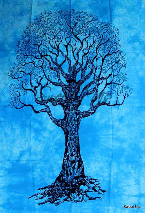 Cotton Tie-Dye Tapestry Hippie Bohemian Tree of Life Wall Hang Blue, Purple - Sweet Us