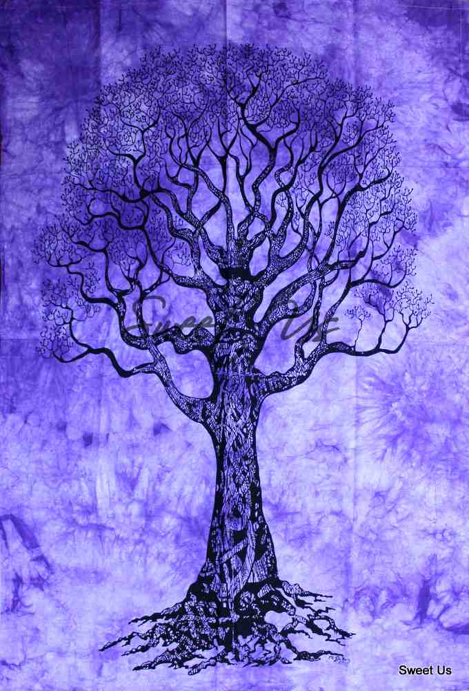 Cotton Tie-Dye Tapestry Hippie Bohemian Tree of Life Wall Hang Blue, Purple - Sweet Us
