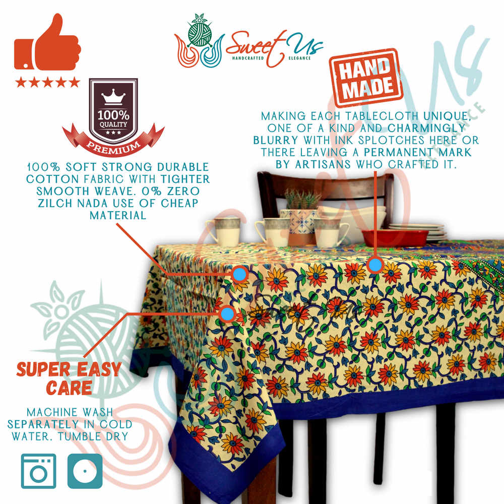 Cotton Elephant Floral Tablecloth Rectangle Blue Red Green Kitchen Dining Linen