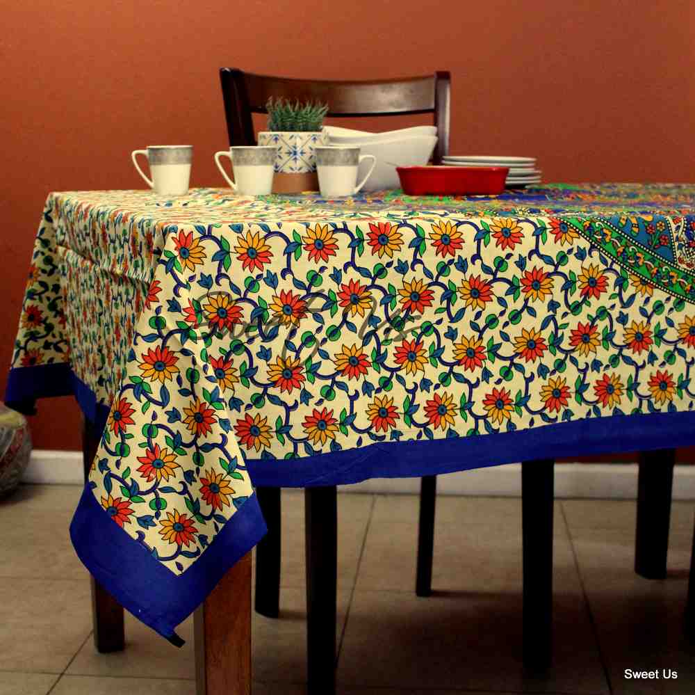 Cotton Elephant Floral Tablecloth Rectangle Blue Red Green Kitchen Dining Linen