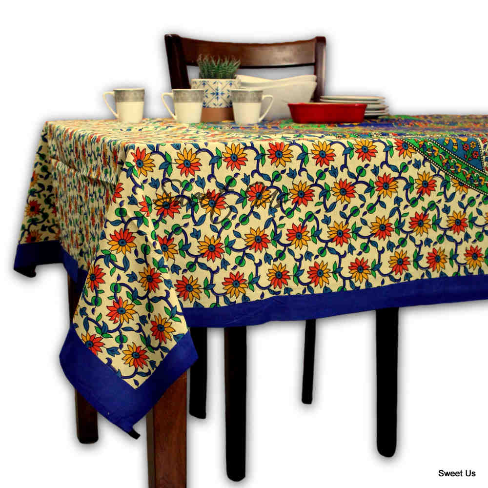 Cotton Elephant Floral Tablecloth Rectangle Blue Red Green Kitchen Dining Linen