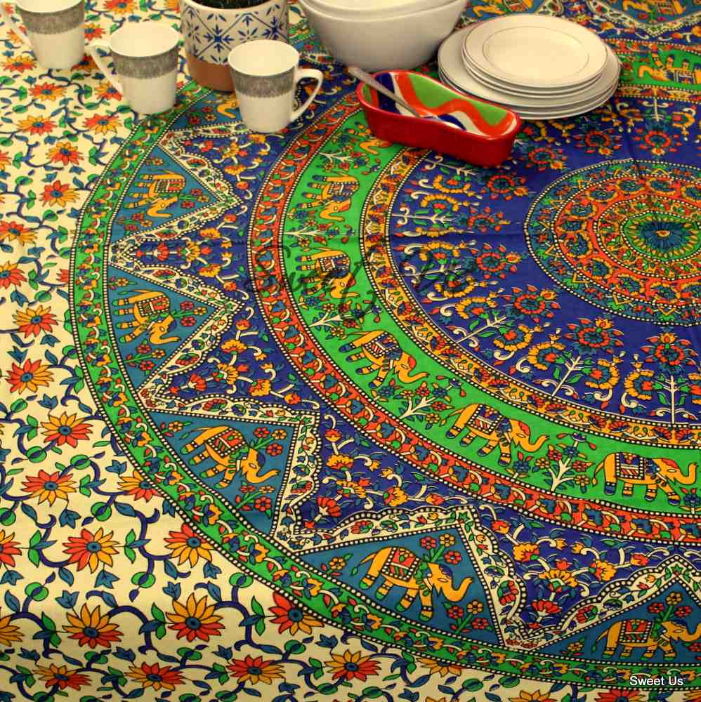 Cotton Elephant Floral Tablecloth Rectangle Blue Red Green Kitchen Dining Linen