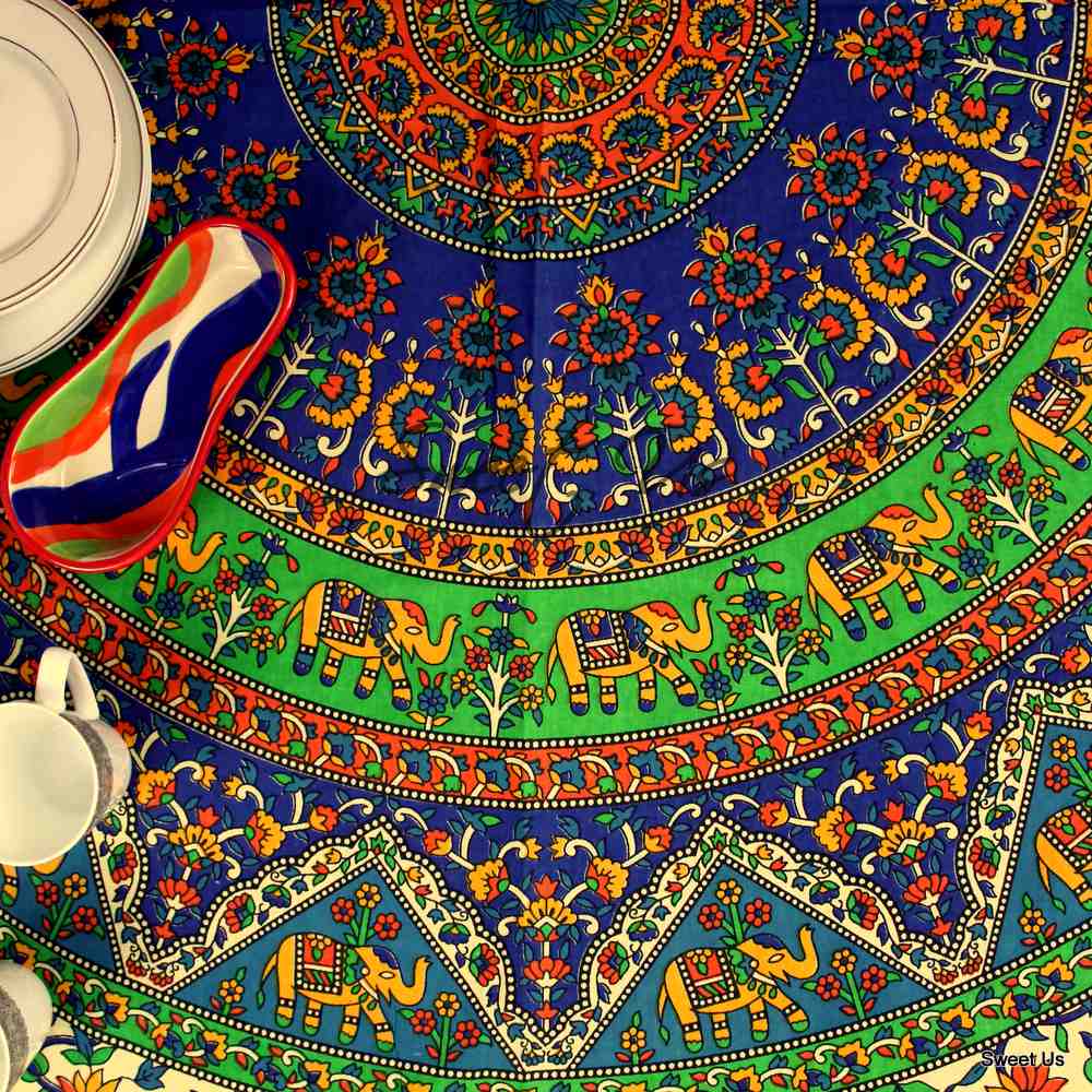 Cotton Elephant Floral Tablecloth Rectangle Blue Red Green Kitchen Dining Linen