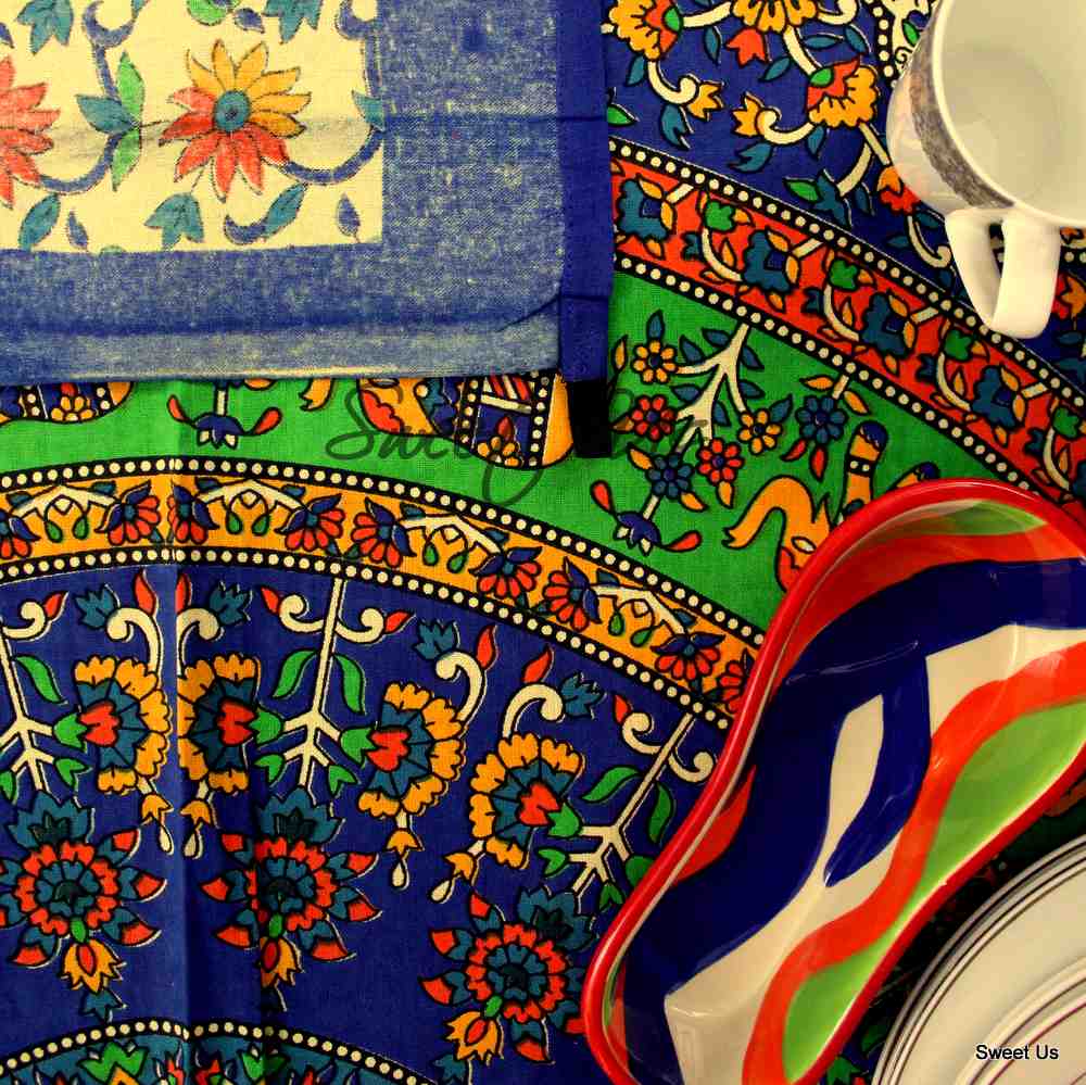 Cotton Elephant Floral Tablecloth Rectangle Blue Red Green Kitchen Dining Linen