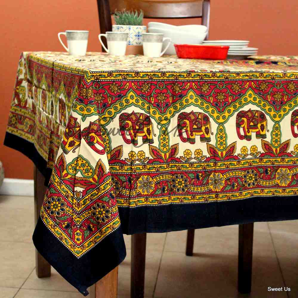 Cotton Elephant Floral Tablecloth Rectangle Blue Red Green Kitchen Dining Linen